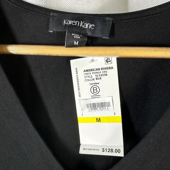 Karen Kane Black V-Neck Soft Knit Fringe Hem Dress Short Sleeve Summer Medium - Picture 3 of 10